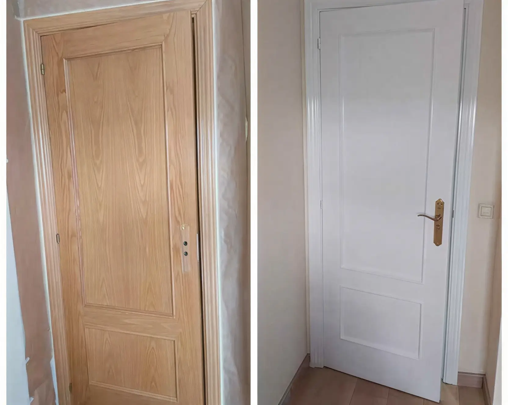 Antes y después de lacar puerta de madera en blanco por Los Pintores Tarragona