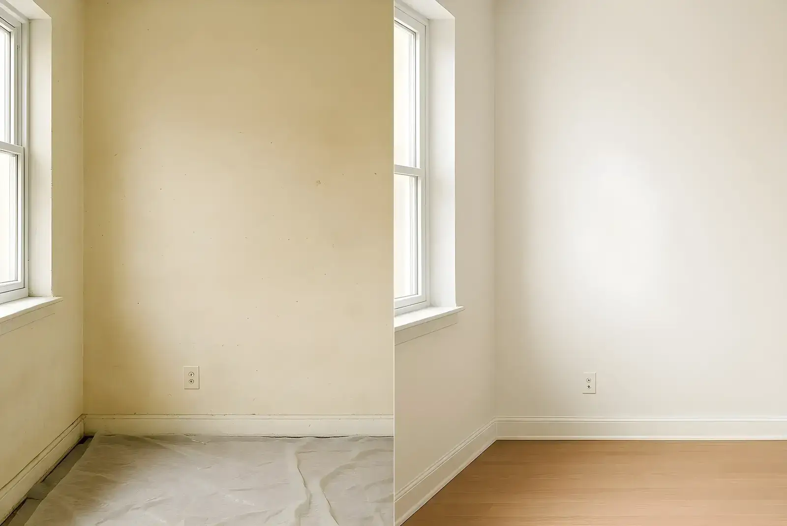 Antes y después de pintura interior en salón, trabajo de Los Pintores Zaragoza con paredes renovadas