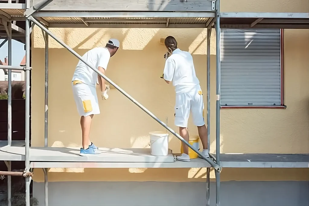 Los Pintores Zaragoza aplicando pintura exterior de alta calidad en fachada de vivienda